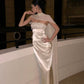 Elegant Sheath Strapless Beaded Ivory Satin Long Prom Dress Evening Dress SH5144