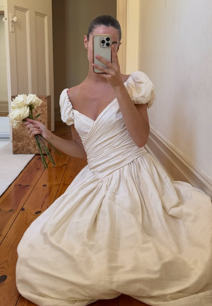 Vintage A Line Puff Sleeve Light Apricot Pleated Satin Wedding Dress SH8470