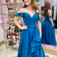 Pretty Dark Blue A Line Off the Shoulder Beaded Chiffon Long Prom Dress Evening Dress SH6815