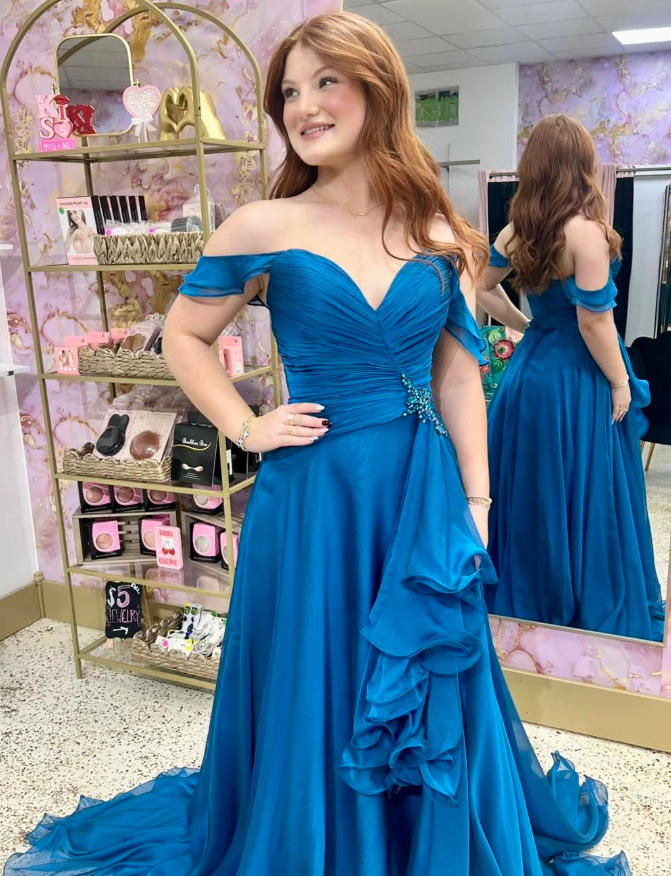 Pretty Dark Blue A Line Off the Shoulder Beaded Chiffon Long Prom Dress Evening Dress SH6815