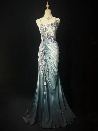 Blue Retro Mermaid Spaghetti Straps Appliques Satin Prom Dress Party Dress SH3297