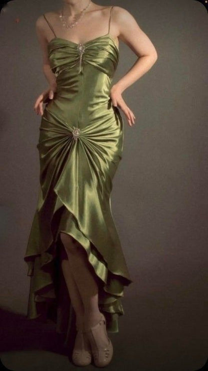 Retro Green Mermaid Spaghetti Strap Beaded Satin Prom Dress Evening Dress SH3451