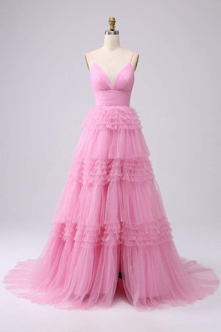 Pink A Line Spaghetti Strap Layered Tulle Long Prom Dresses SH1580