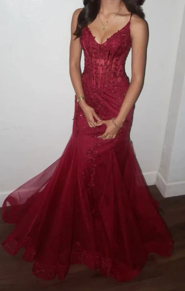 Modest Mermaid Spaghetti Straps Burgundy Lace Tulle Prom Dresses Inspiration Prom Dress Princess Graduation Dress SH6413