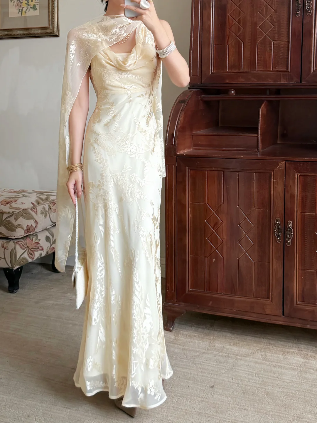 Gentle Mermaid Print Flower Light Champagne Chiffon Long Prom Dress Evening Dress SH6050