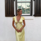 Yellow A Line V Neck Lace Satin Evening Dress Outfits SH1761
