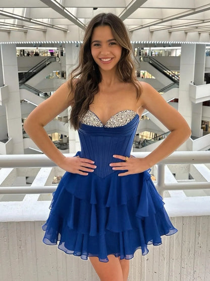 Cute A Line Sweetheart Navy Corset Homecoming Dress with Beading SH7946