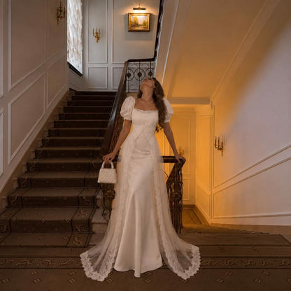 Vintage A Line Puff Sleeve White Lace Satin Long Prom Dress Wedding Dress SH7268