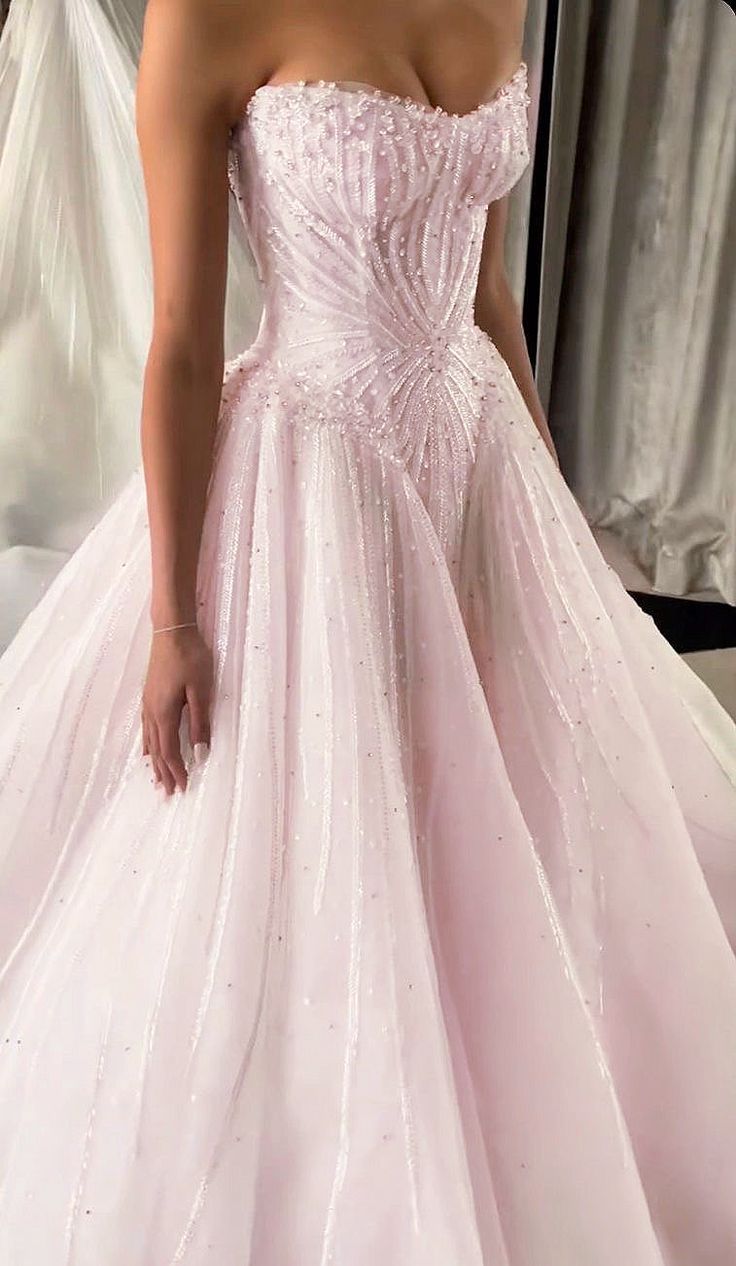 Light Pink Ball Gown Strapless Beaded Sequin Tulle Prom Dress 18th Birthday Dress SH4771