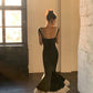 Sexy Black Mermaid Strap Satin Long Prom Dress Sweet Formal Party Dress SH2574