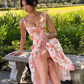 Sweet A Line Straps Corset Print Floral Satin Long Prom Dress Outfits SH1822