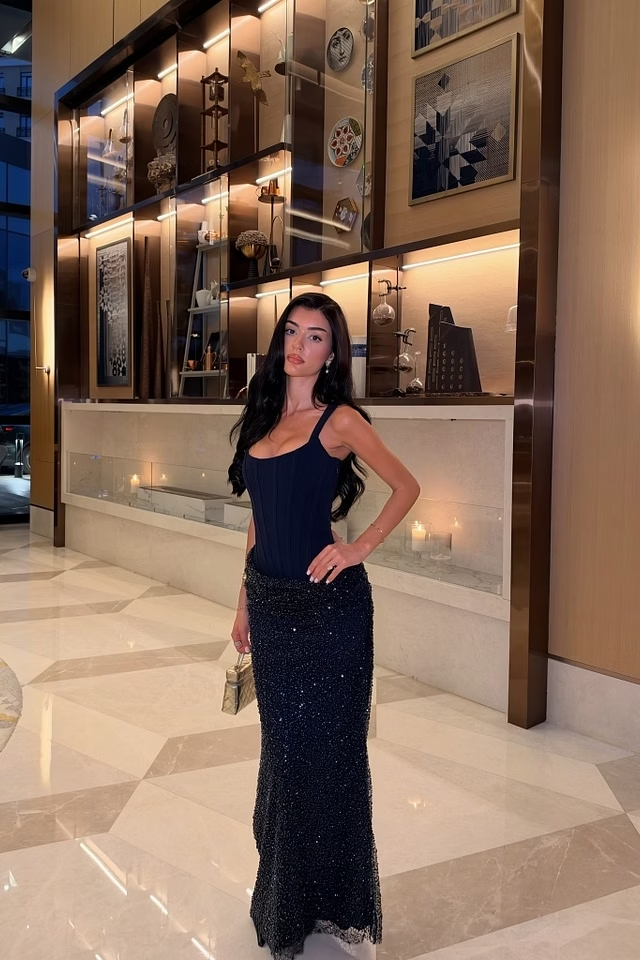 Dark Navy Blue Sheath Spaghetti Straps Sequin Satin Prom Dress SH8534