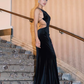 Black Mermaid Velvet Open Back Long Prom Dress Wedding Guest Dress SH4386