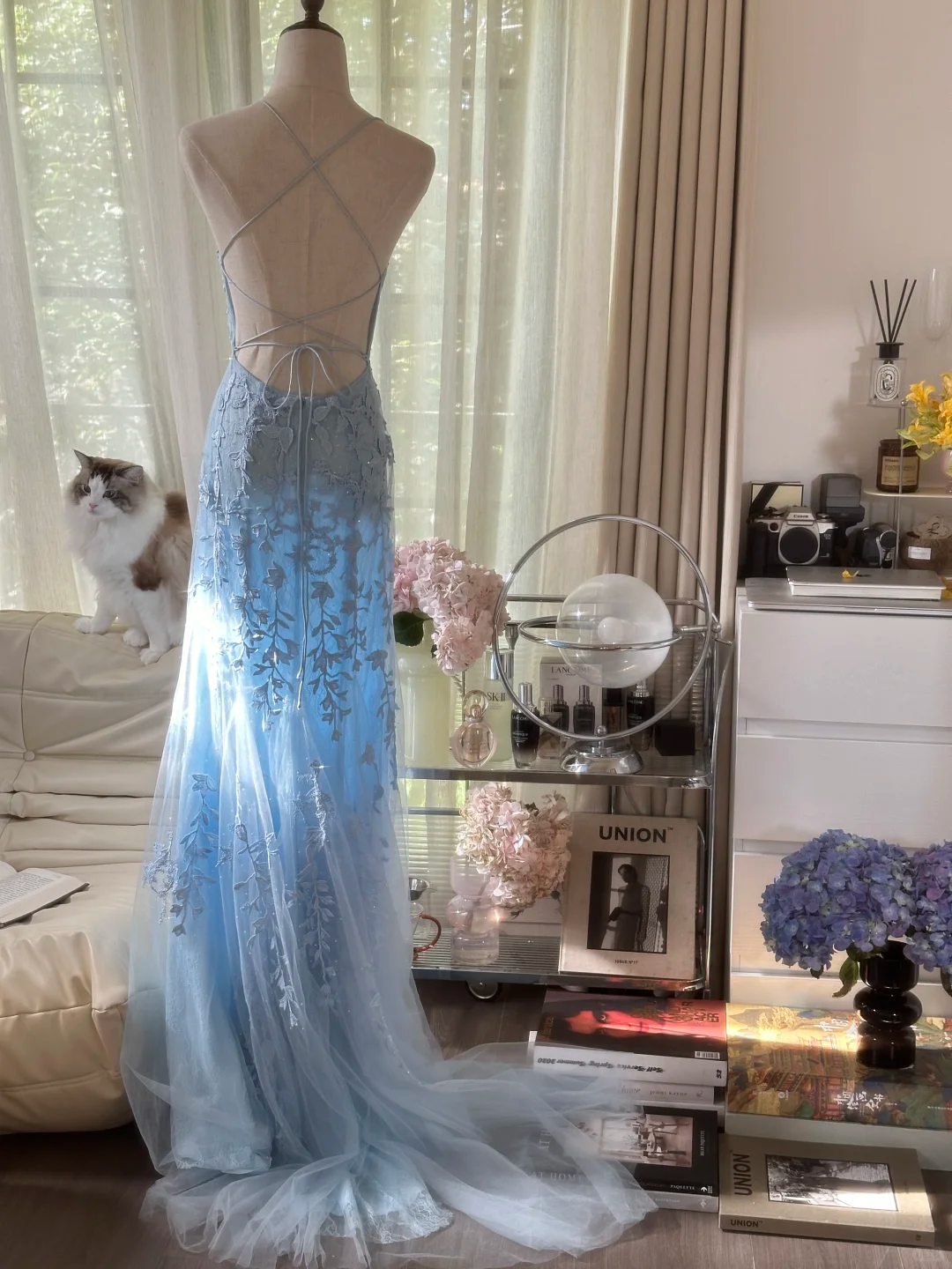 Light Blue A Line Spaghetti Straps Appliques Tulle Open Back Party Dress Evening Dress SH2935