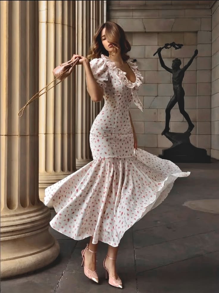 Romantic Pink Print Mermaid Puff Sleeve Satin Long Party Dress Prom Dress SH7631
