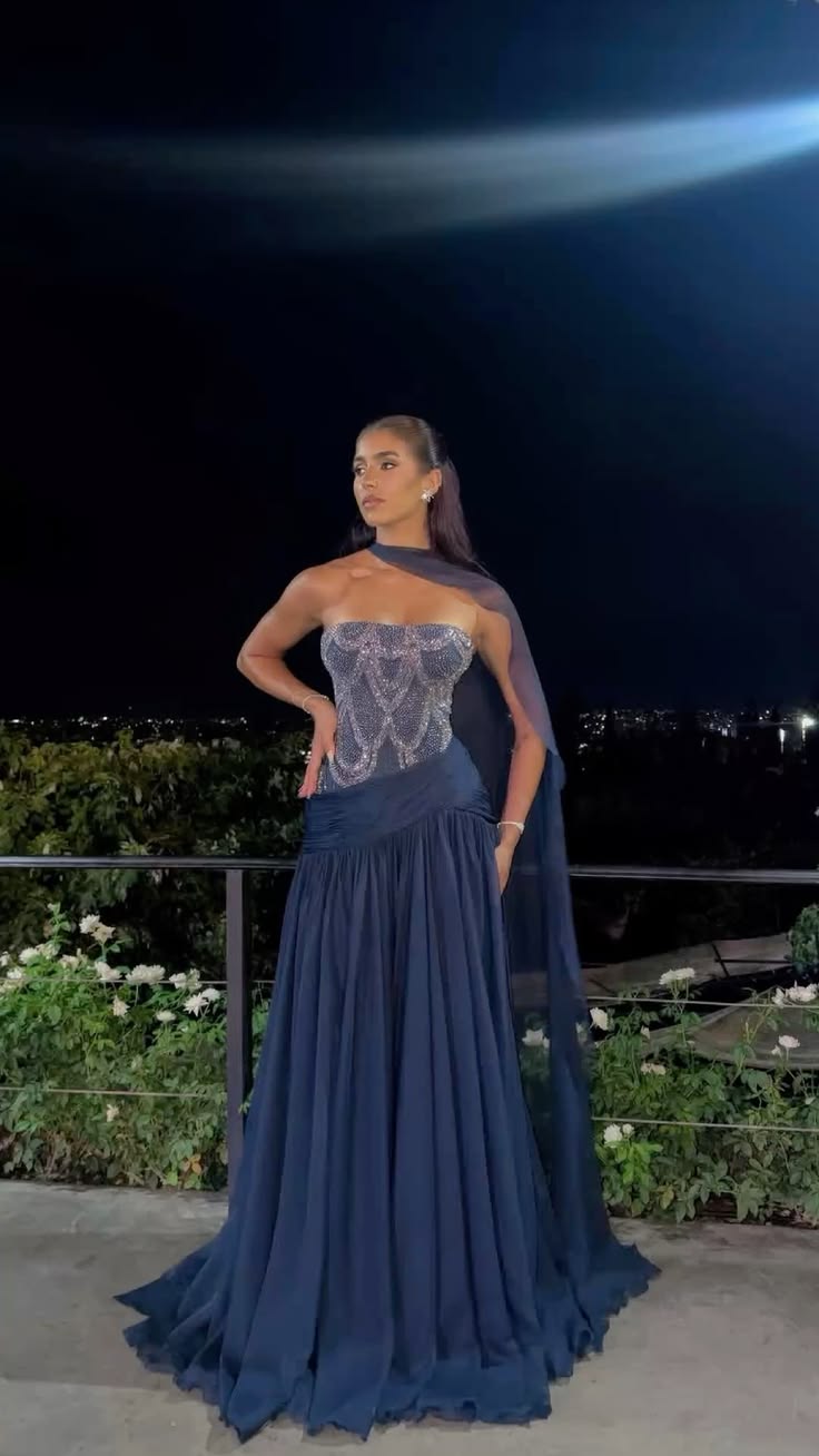 Navy Blue A Line Strapless Shiny Beaded Chiffon Long Prom Dress SH8757