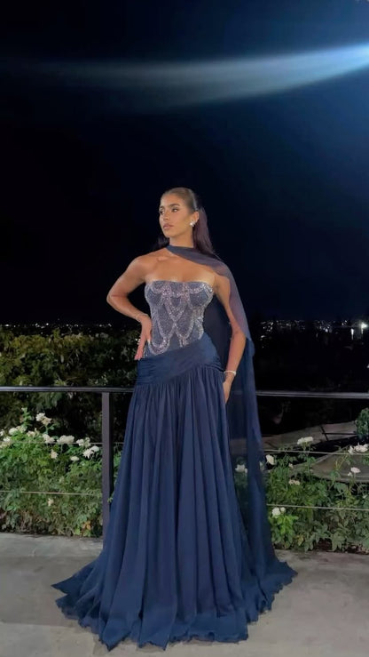 Navy Blue A Line Strapless Shiny Beaded Chiffon Long Prom Dress SH8757