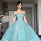 Blue A Line Off the Shoulder Tulle Prom Dress Wedding Guest Dress SH4744