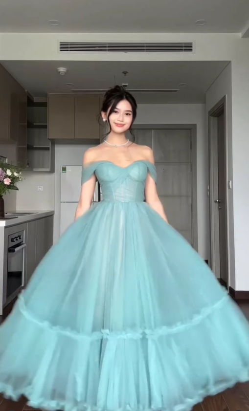Blue A Line Off the Shoulder Tulle Prom Dress Wedding Guest Dress SH4744