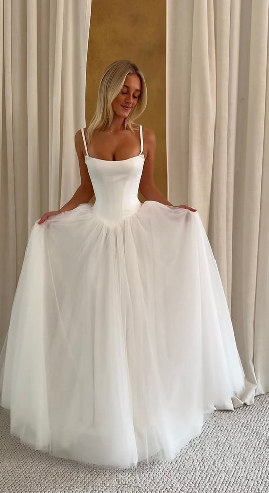 New White A Line Spaghetti Straps Corset Satin Tulle Long Wedding Dress SH8706