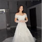 Dreamy A Line Off the Shoulder White Applique Tulle Long Train Wedding Dress SH8735