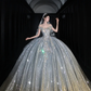 Shiny Rhinestone Beaded Silver Sequin Ball V Neck Prom Dress Evening Dress Party Dress SH3613