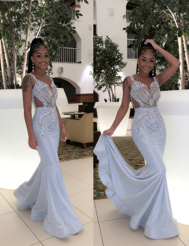 Shiny Sequins African Mermaid Prom Dresses Long Train Black Girls Pageant Graduation Dress P6796