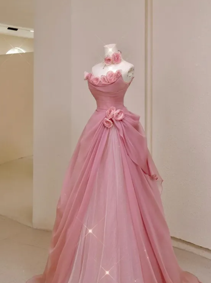 Pink A Line Strapless Floral Tulle Prom Dress Graduation Prom Dress SH5270