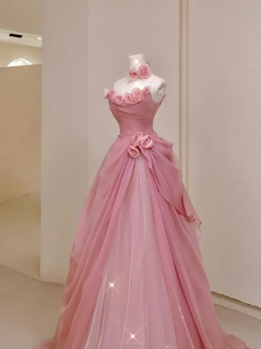 Pink A Line Strapless Floral Tulle Prom Dress Graduation Prom Dress SH5270