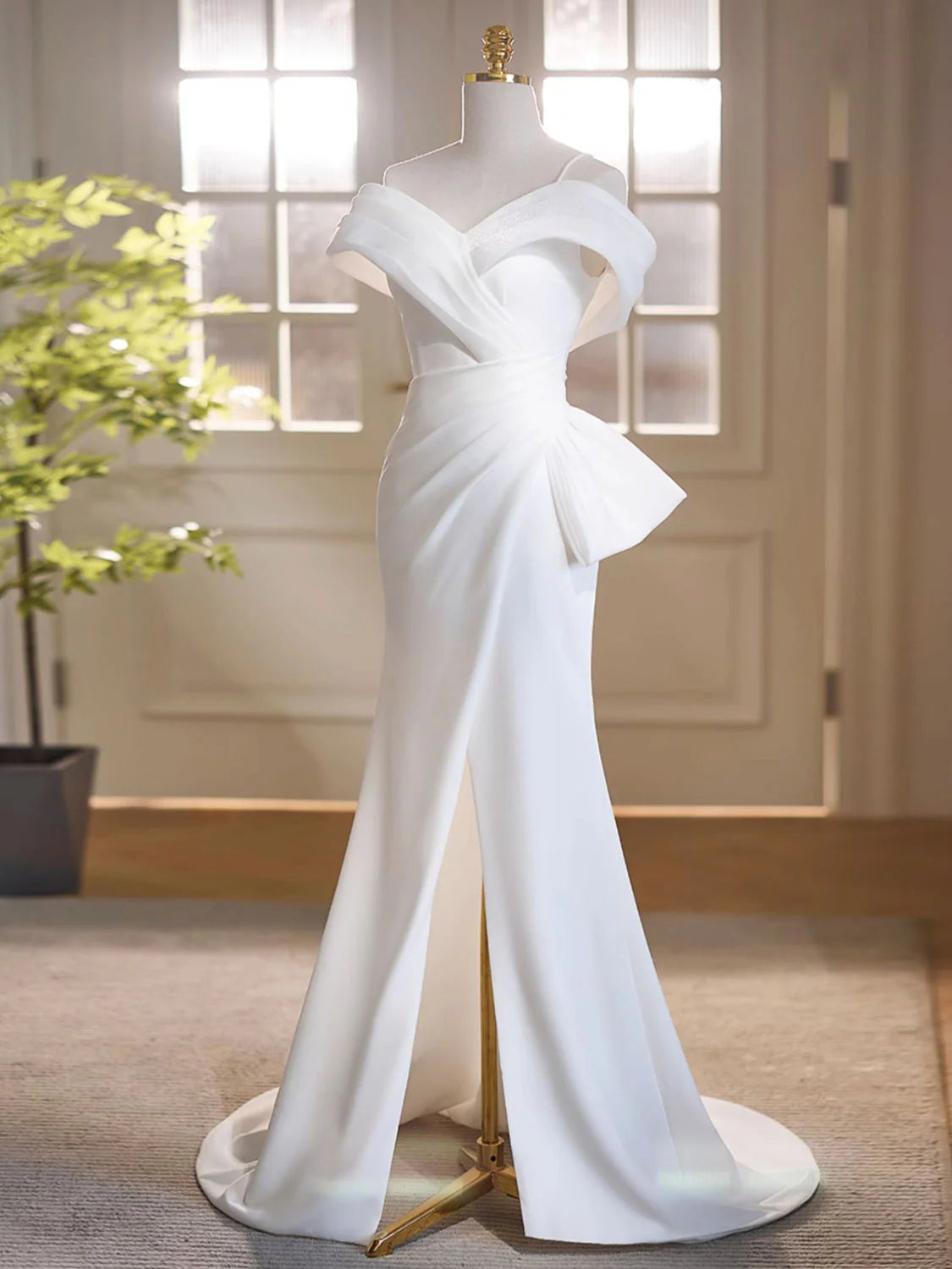 Simple White Off the Shoulder Satin Long Prom Dress Formal Dress with Slit SH1737