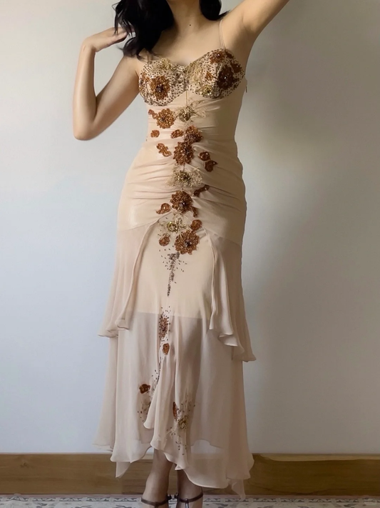 Dark Apricot Mermaid Spaghetti Strap Beaded Chiffon Prom Dress Evening Dress SH4248