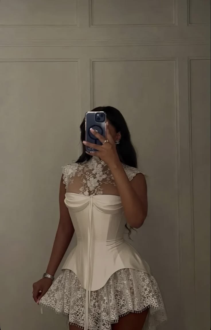 Stylish A Line High Neck White Lace Satin Short Prom Dress Homecoming Dress SH8684