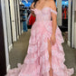 Luxurious A Line Off the Shoulder Corset Pink Lace Layered Tulle Prom Dress Evening Dress SH6366