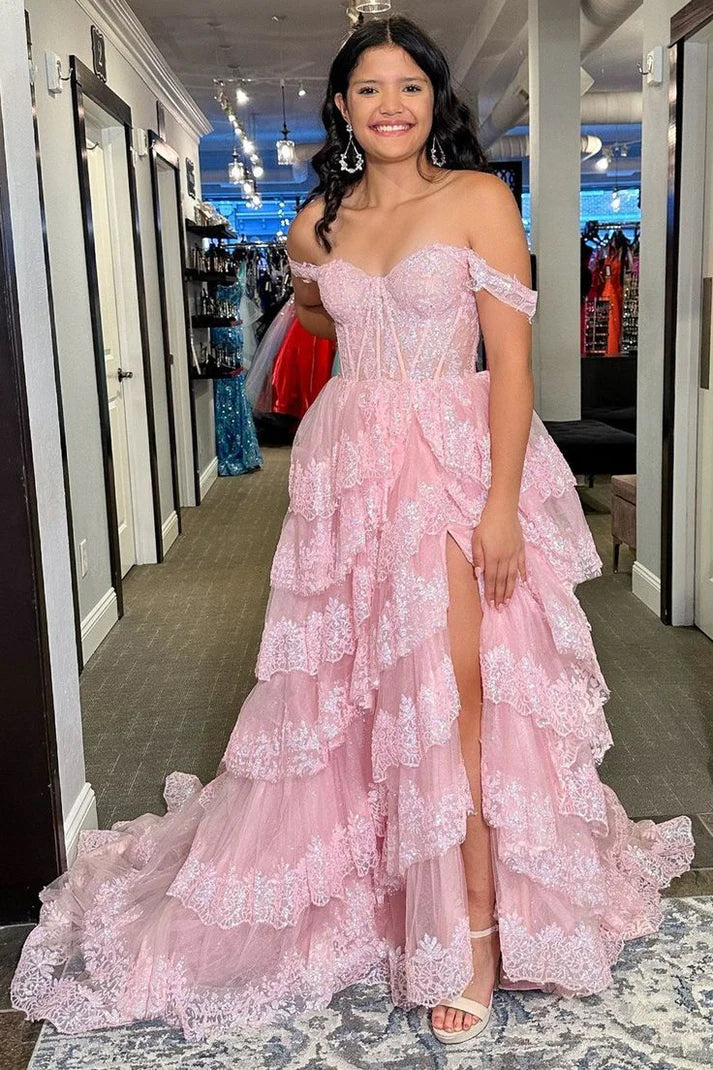 Luxurious A Line Off the Shoulder Corset Pink Lace Layered Tulle Prom Dress Evening Dress SH6366