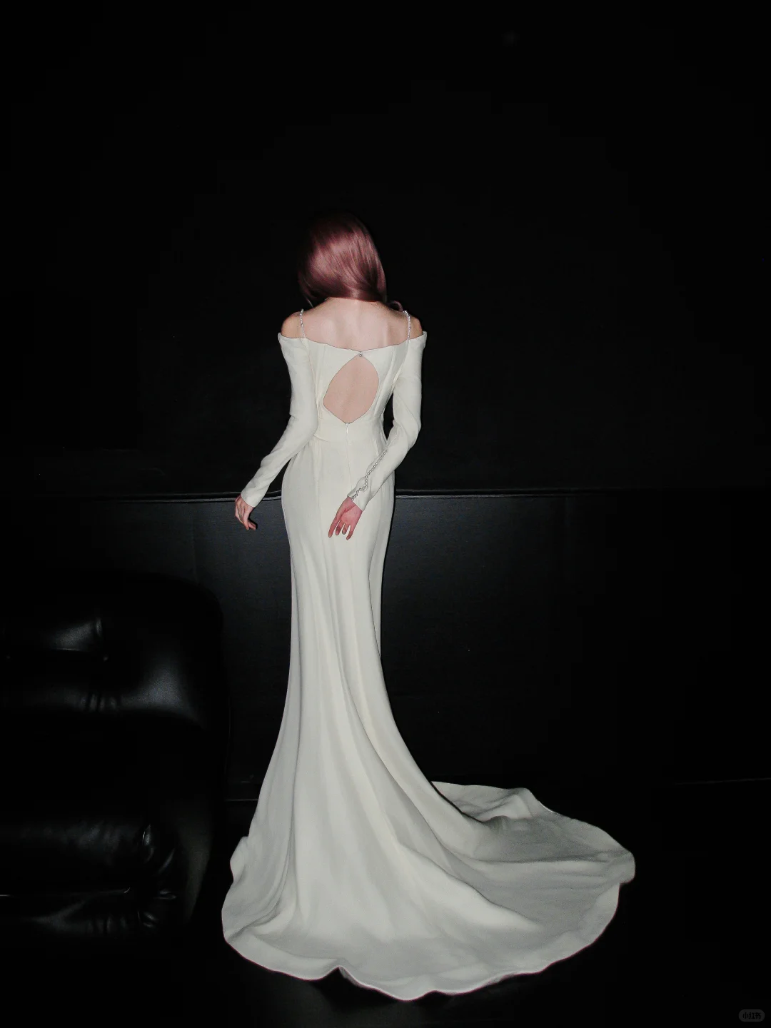 Elegant Mermaid Long Sleeve Floral White Satin Open Back Long Sweep Wedding Dress SH4931