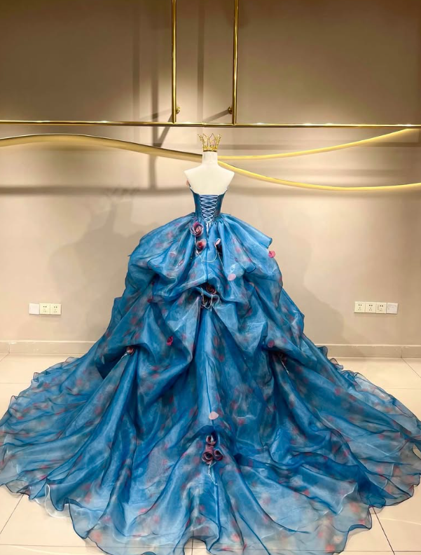 Stunning Ball Gown Sweetheart Neck 3D Floral Blue Organza Prom Dress Quinceanera Dress SH7161
