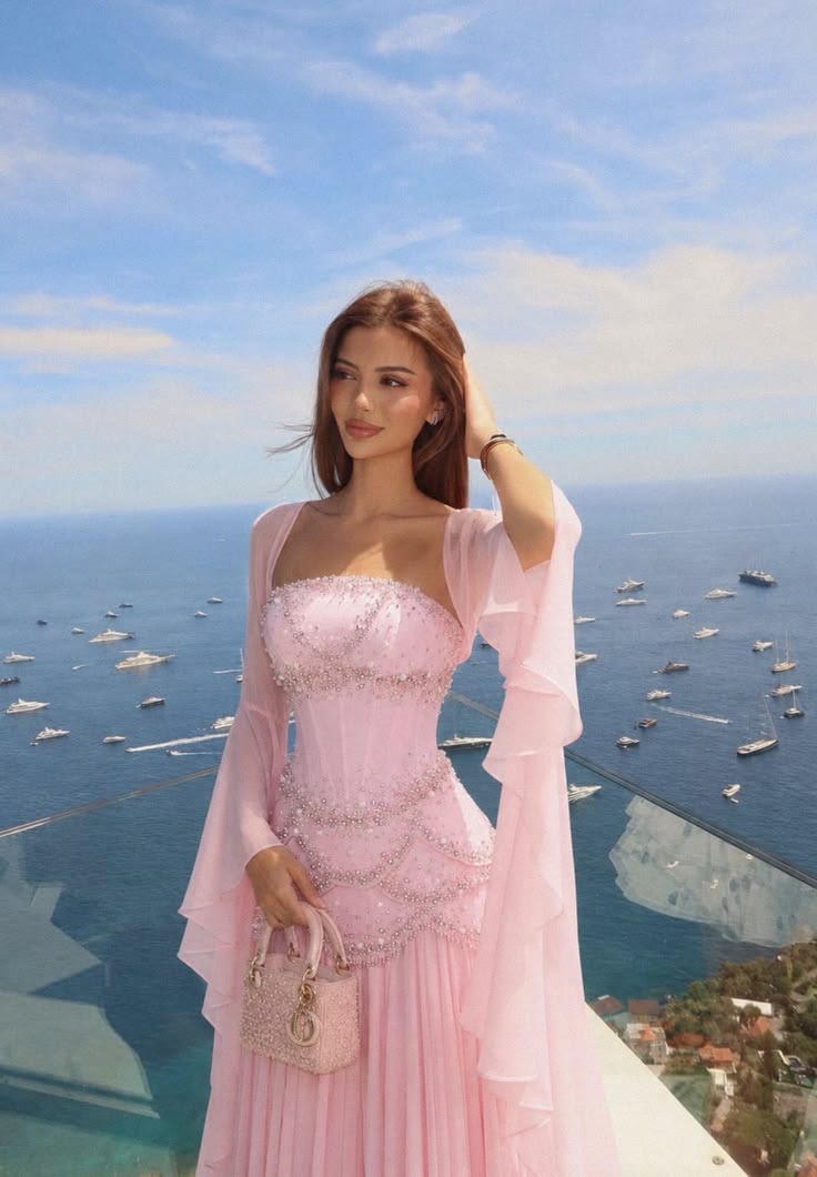 Dazzling A Line Long Sleeve Beaded Pink Chiffon Prom Dress Evening Dress SH6371