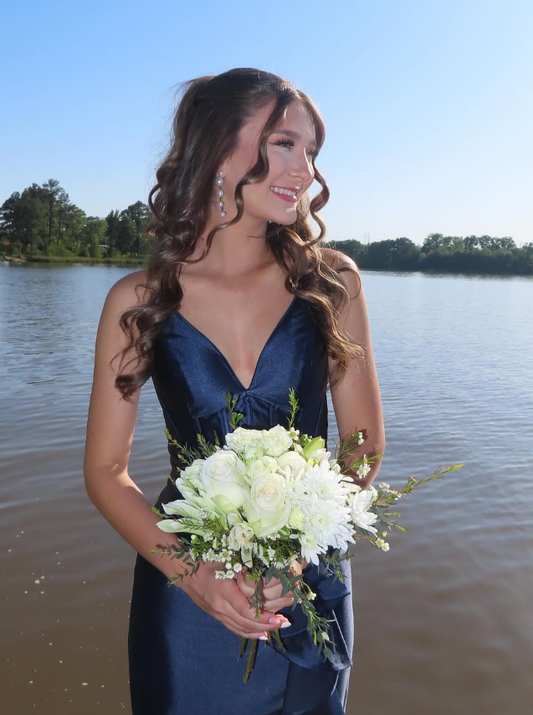 Navy Blue Mermaid Spaghetti Strap Layered Satin Prom Dress Party Dress Date Dress SH3988