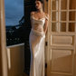 Light Champagne Sheath Spaghetti Strap Lace Satin Prom Dress Evening Dress SH6061