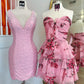 New A Line Sweetheart Pink Printed Short Homecoming Dress with Ruffles SH7523