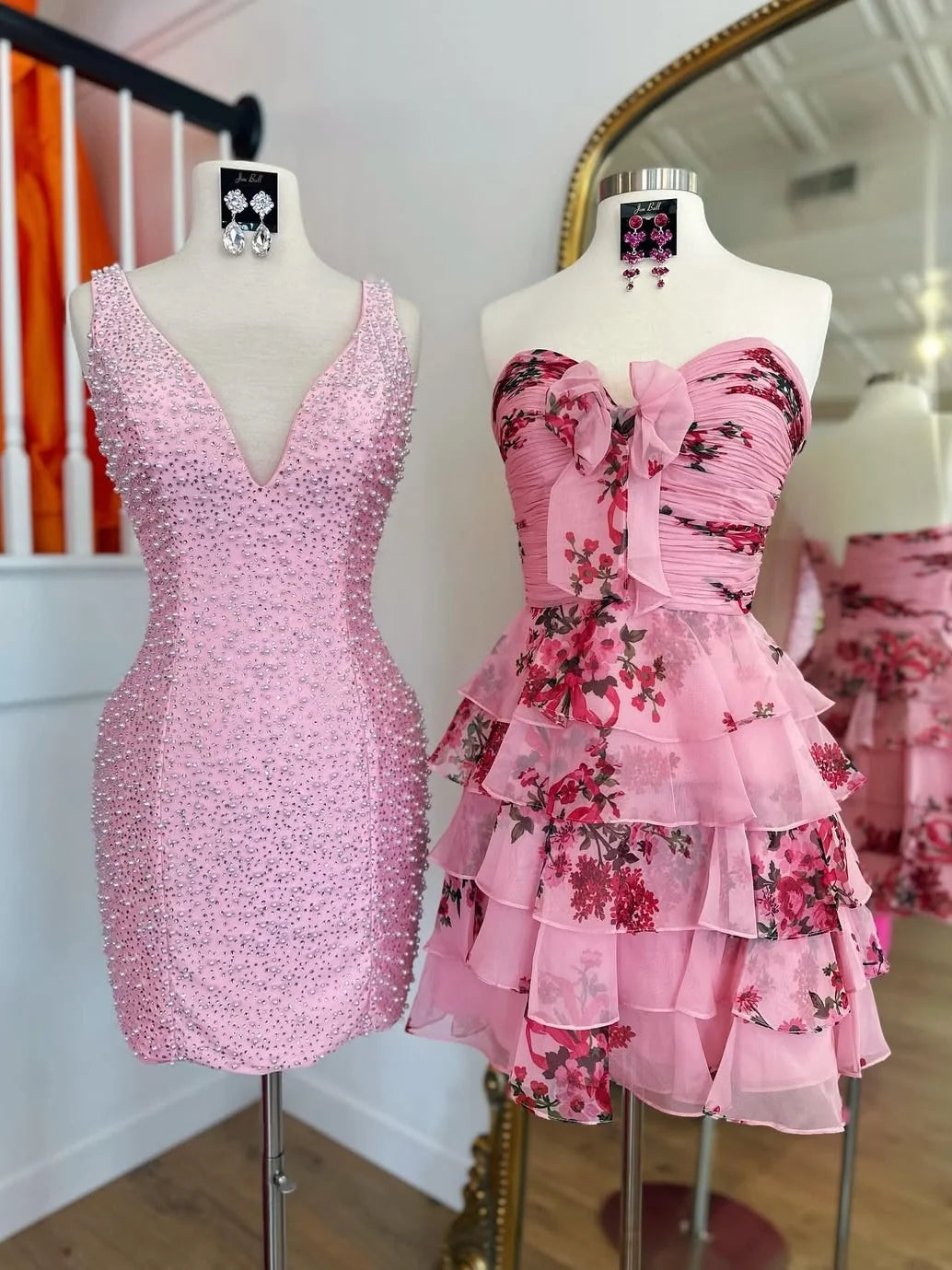 New A Line Sweetheart Pink Printed Short Homecoming Dress with Ruffles SH7523