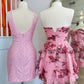 New A Line Sweetheart Pink Printed Short Homecoming Dress with Ruffles SH7523