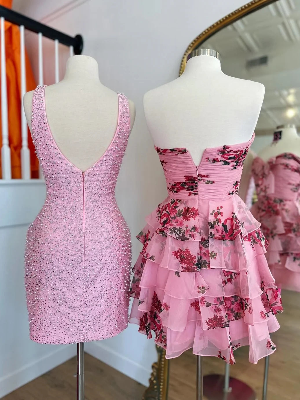 New A Line Sweetheart Pink Printed Short Homecoming Dress with Ruffles SH7523