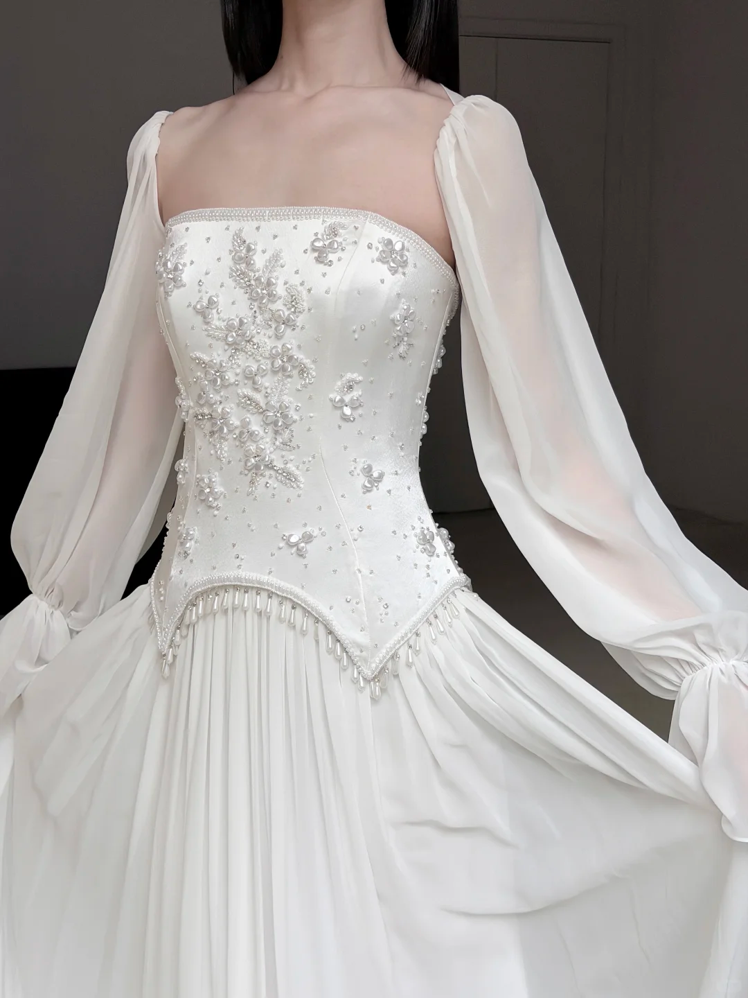 2026 New A Line Long Sleeve Beaded Chiffon Satin Long Wedding Dress SH7710