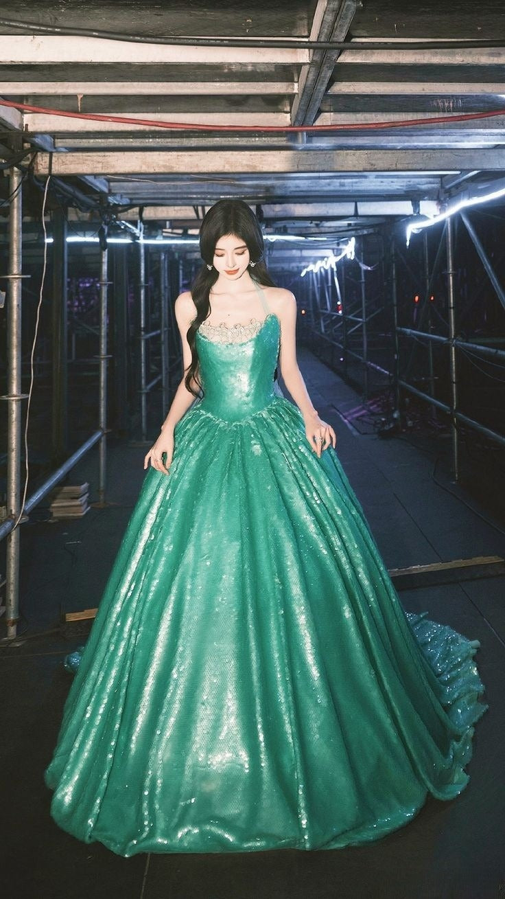 Gorgeous A Line Strapless Green Sequin Long Sweep Party Dress Evening Dress SH2879