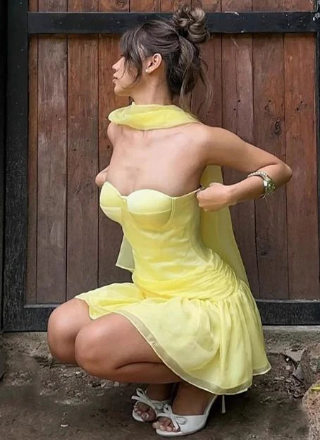 Yellow A Line Sweetheart Neck Satin Chiffon Mini Homecoming Dress Cocktail Dress SH3722