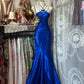 Vintage Blue Mermaid Long Prom Dresses Beaded Satin Evening Dresses Birthday Dresses SH5042