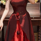 Stunning Burgundy A Line Straps Floral Beaded Ruffle Satin Prom Dress SH5652
