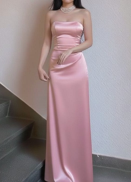 High-class Pink A Line Strapless Satin Long Prom Dress Evening Dress SH6944