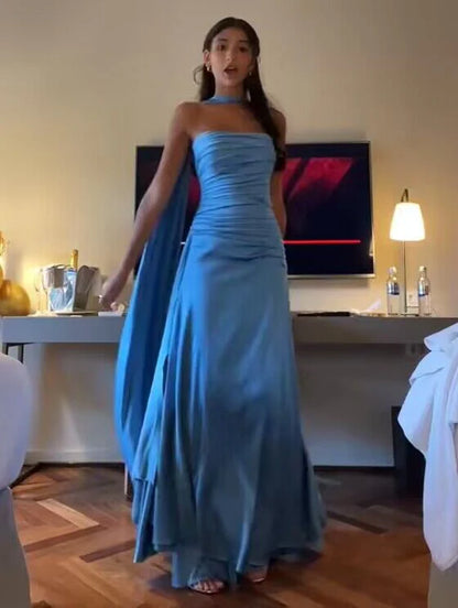 Strapless Blue A Line Satin Long Prom Dress Formal Party Dress SH2573